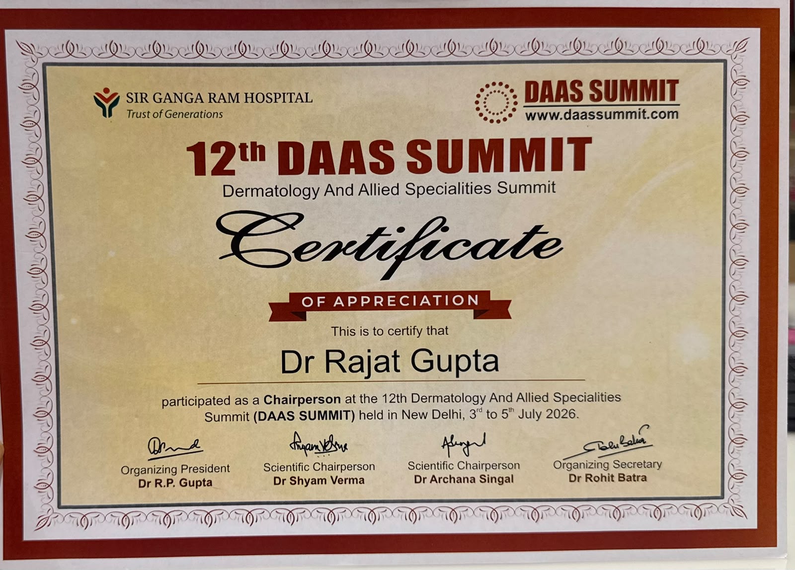 Dr. Rajat Gupta Certification